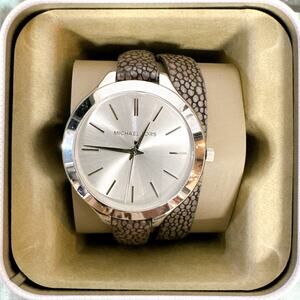 Michael Kors MK2475 Slim Runway Silver-Tone and Leather Wrap Watch